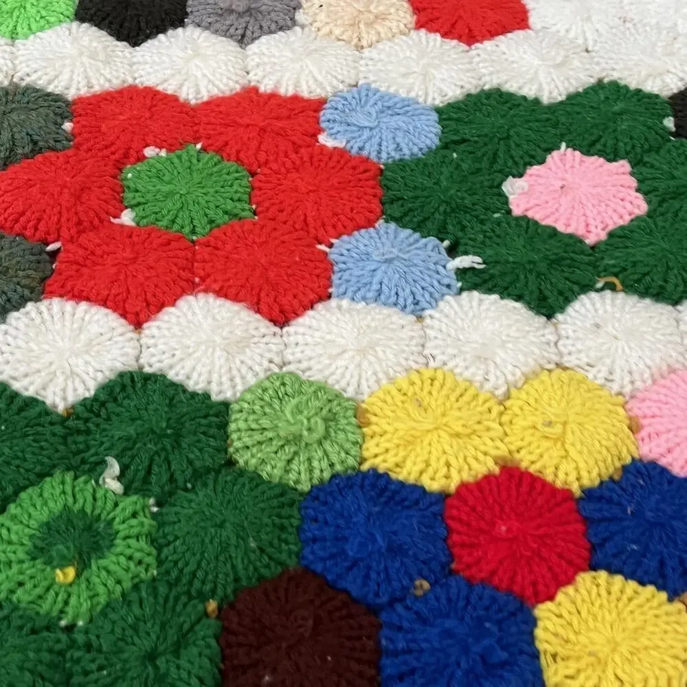 Vintage Grandmother's Flower Garden Crochet Afghan Blanket 79” x 84” Thick